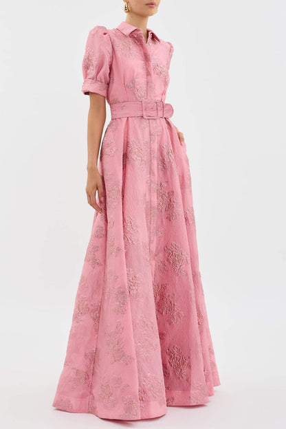 Aven - Vestido Retro Rosa con Solapa y Cintura Alta