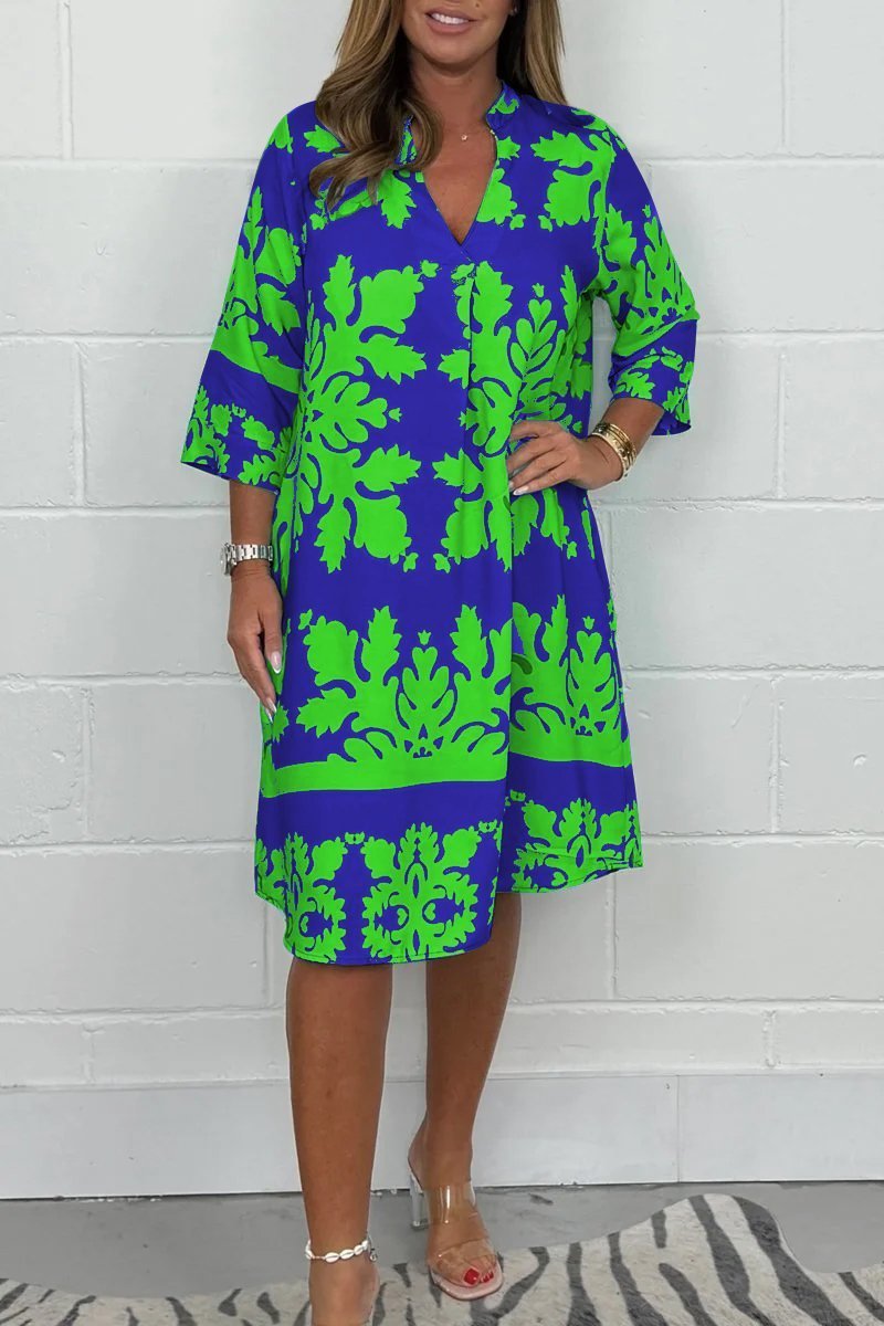 Kenzie - Vestido Bohemio Retro con Estampado, Escote en V y Mangas Cortas Recortadas