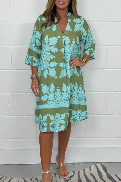 Kenzie - Vestido Bohemio Retro con Estampado, Escote en V y Mangas Cortas Recortadas