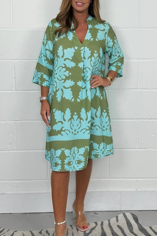 Kenzie - Vestido Bohemio Retro con Estampado, Escote en V y Mangas Cortas Recortadas