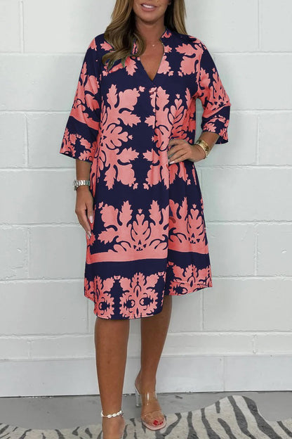Kenzie - Vestido Bohemio Retro con Estampado, Escote en V y Mangas Cortas Recortadas