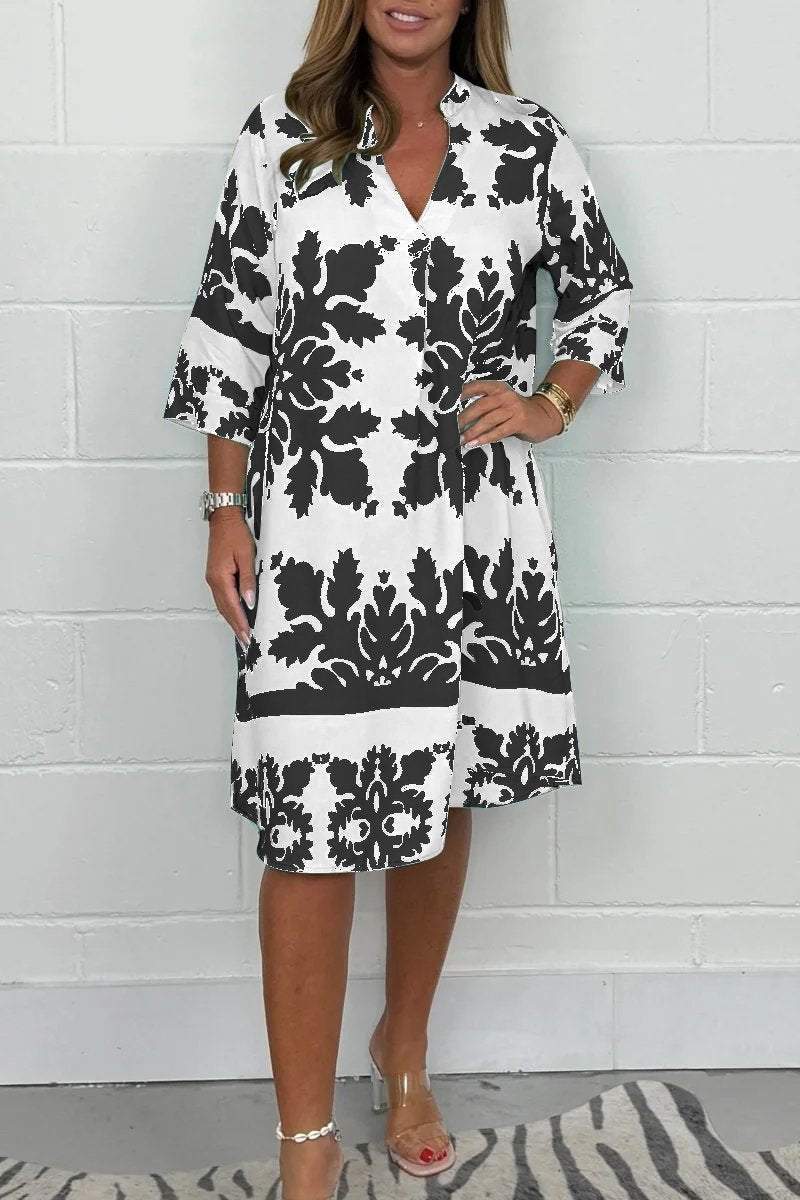 Kenzie - Vestido Bohemio Retro con Estampado, Escote en V y Mangas Cortas Recortadas