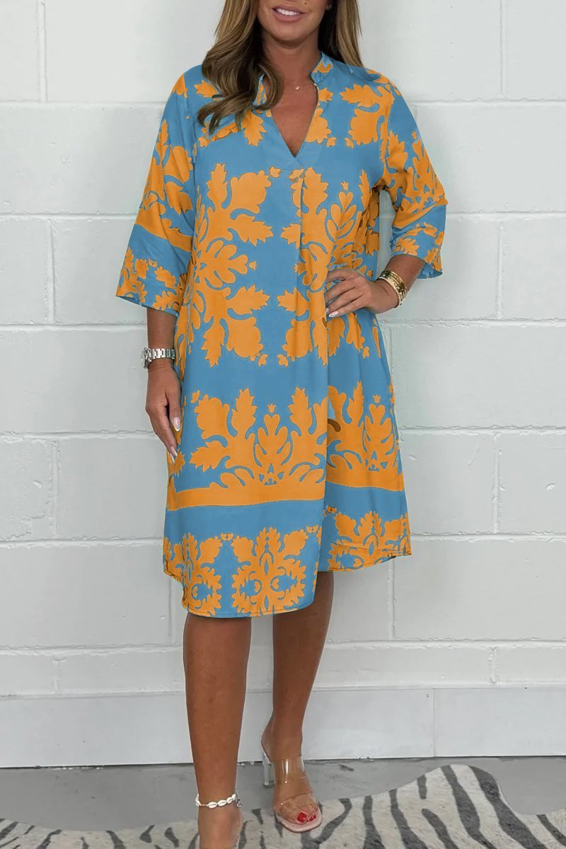 Kenzie - Vestido Bohemio Retro con Estampado, Escote en V y Mangas Cortas Recortadas