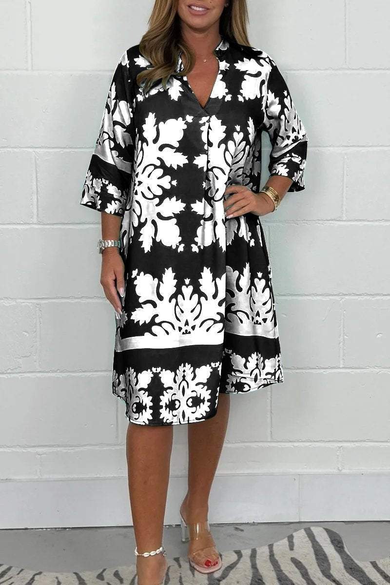 Kenzie - Vestido Bohemio Retro con Estampado, Escote en V y Mangas Cortas Recortadas