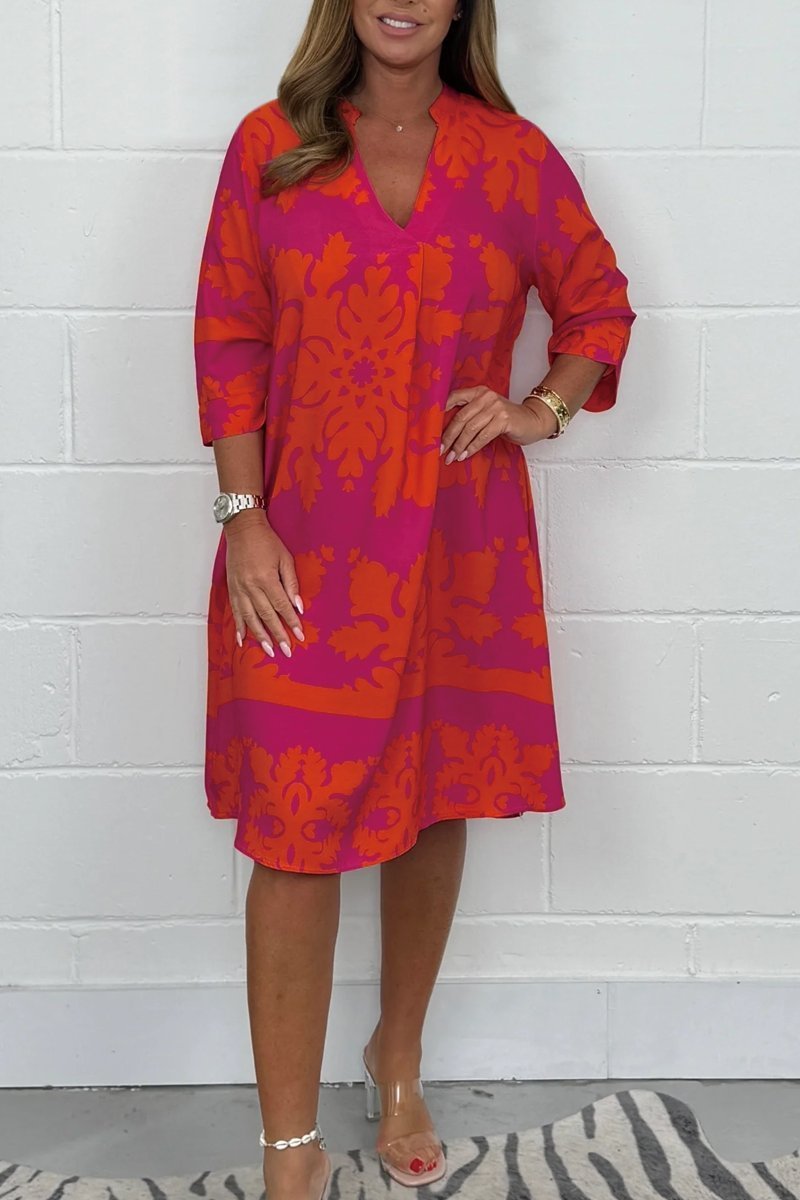 Kenzie - Vestido Bohemio Retro con Estampado, Escote en V y Mangas Cortas Recortadas