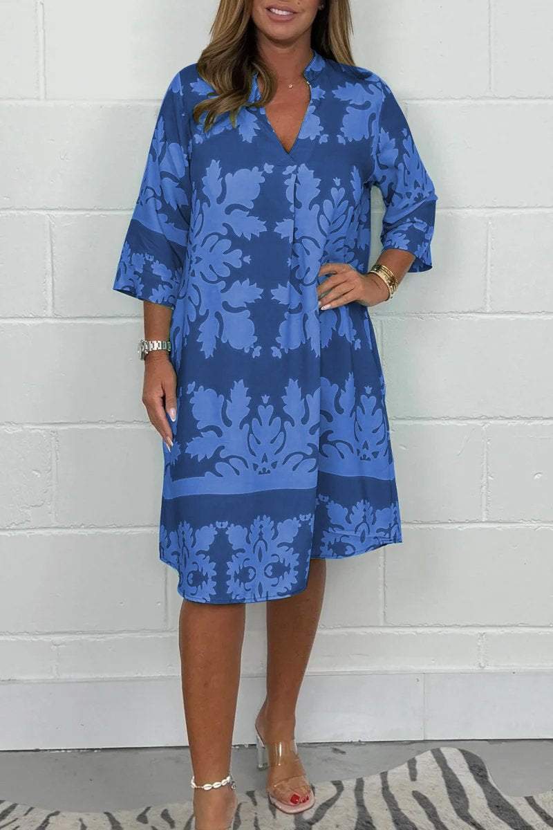 Kenzie - Vestido Bohemio Retro con Estampado, Escote en V y Mangas Cortas Recortadas