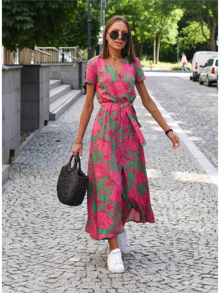 Vada - Vestido con escote en V, abertura y estampado Sunset Stroll