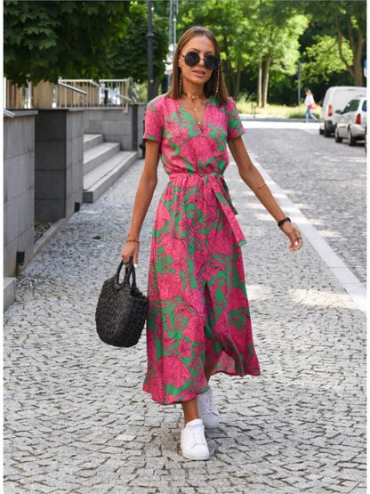 Vada - Vestido con escote en V, abertura y estampado Sunset Stroll