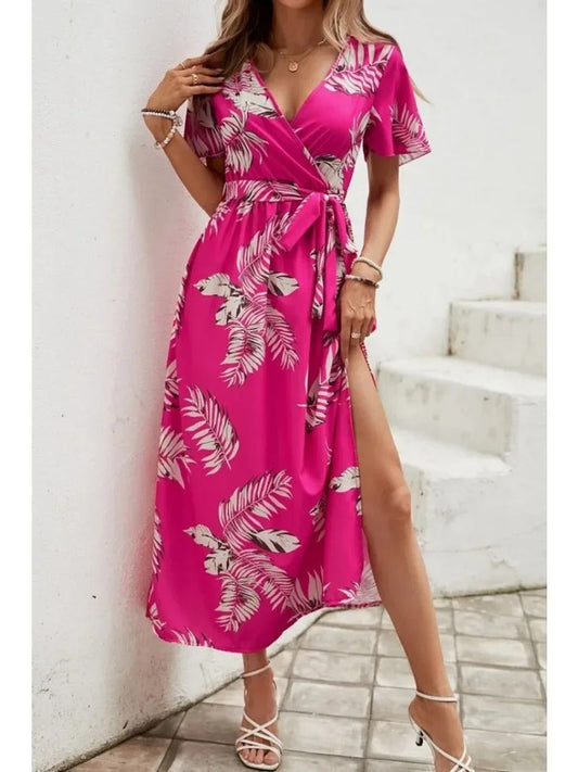 Lucille - Vestido de vacaciones de playa con escote en V impreso y abertura