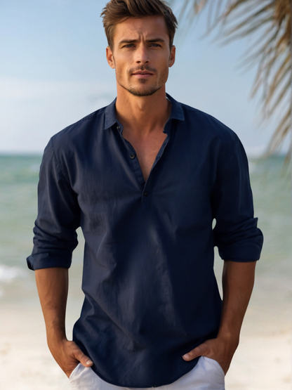 Camisa de lino azul marino para hombre - transpirable, ligera, ropa casual para la playa