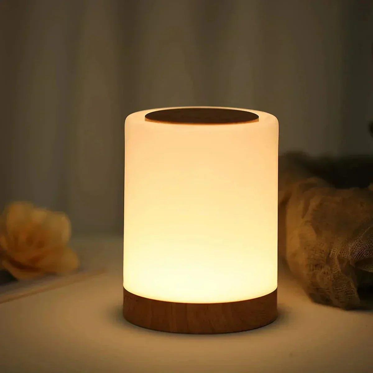 LED Table Lamp with Wooden Base and Touch Control
