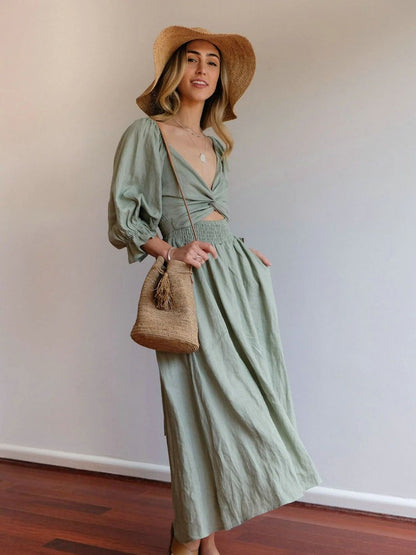 Aviana - Vestido Maxi Elegante Reversible con Mangas Abullonadas