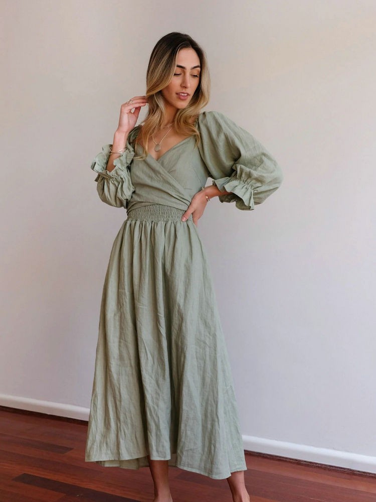 Aviana - Vestido Maxi Elegante Reversible con Mangas Abullonadas