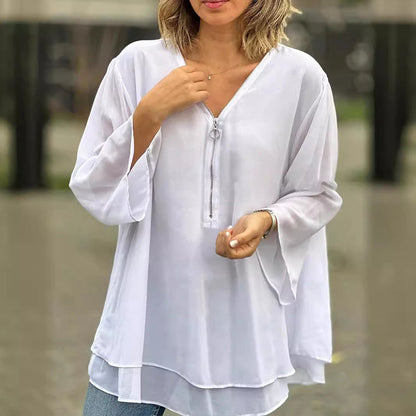 Janine | Blusa de manga con media cremallera fluida