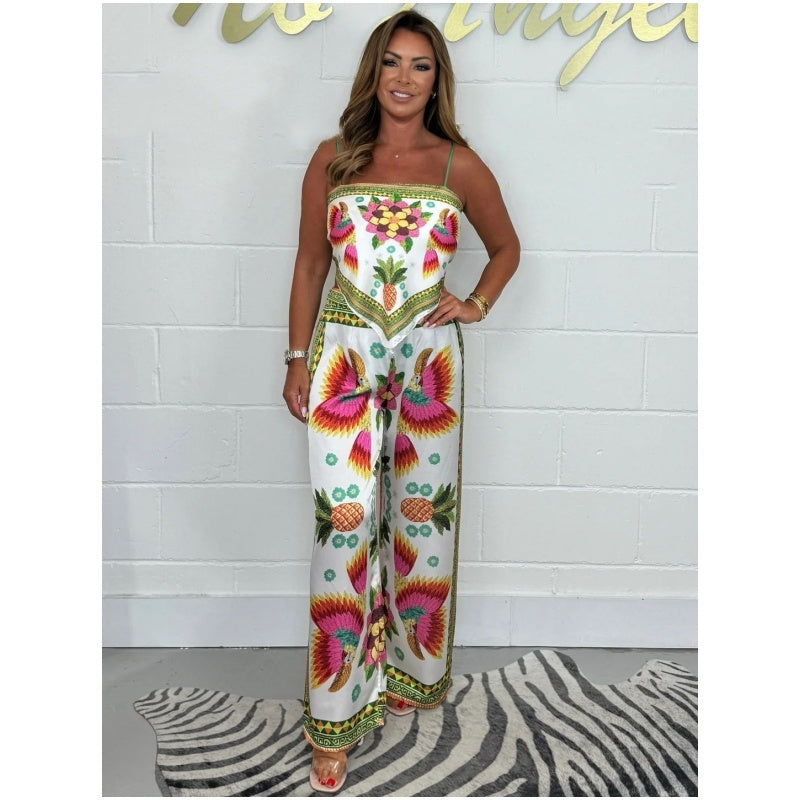 Conjunto de 2 piezas: Top estampado con tirantes finos Sabina y pantalones sueltos