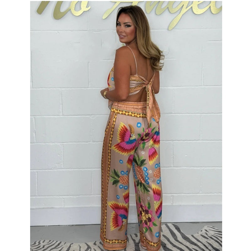 Conjunto de 2 piezas: Top estampado con tirantes finos Sabina y pantalones sueltos
