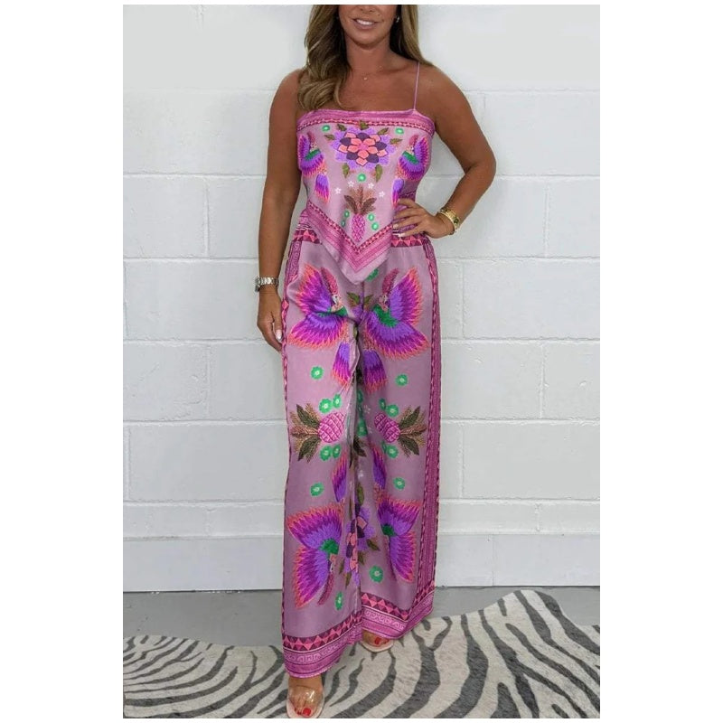 Conjunto de 2 piezas: Top estampado con tirantes finos Sabina y pantalones sueltos