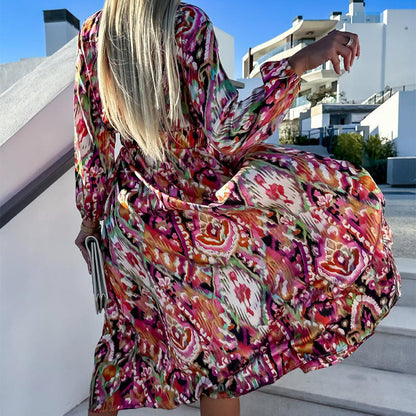 Vestido impreso de manga larga con escote en V y abertura para mujer