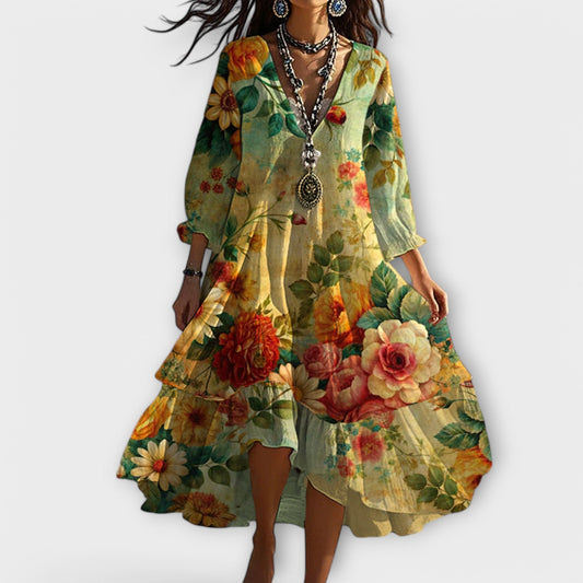 Marlena - Vestido Vintage Bohemio con Estampado Floral y Escote en V