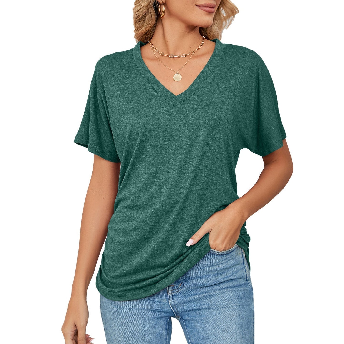 Nuevas blusas casuales de color sólido para mujer con escote en V