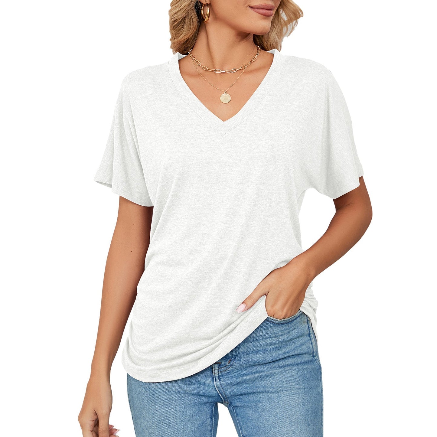 Nuevas blusas casuales de color sólido para mujer con escote en V