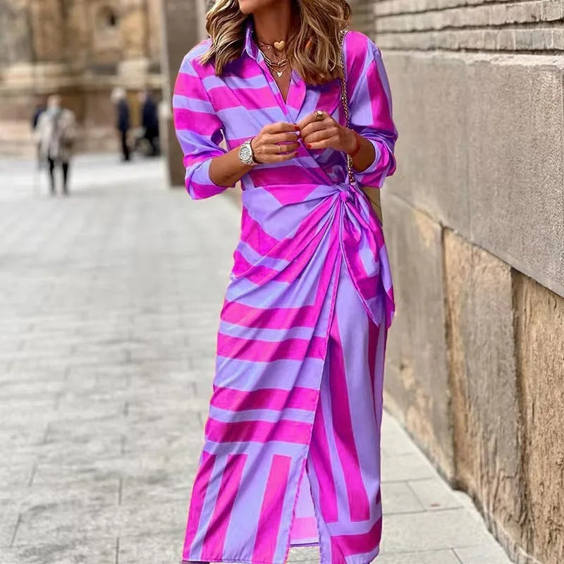 Zella - Vestido midi de moda con escote en V, rayas y cordones