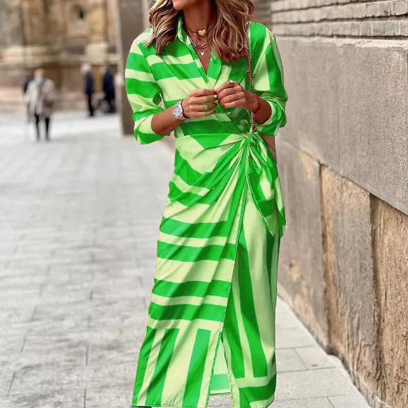 Zella - Vestido midi de moda con escote en V, rayas y cordones