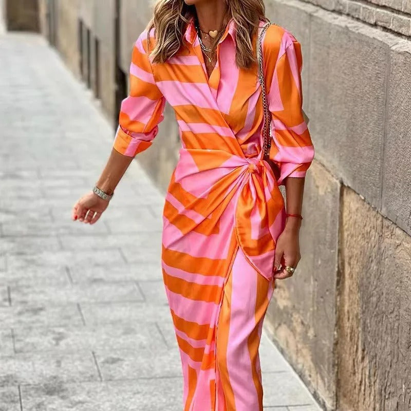 Zella - Vestido midi de moda con escote en V, rayas y cordones