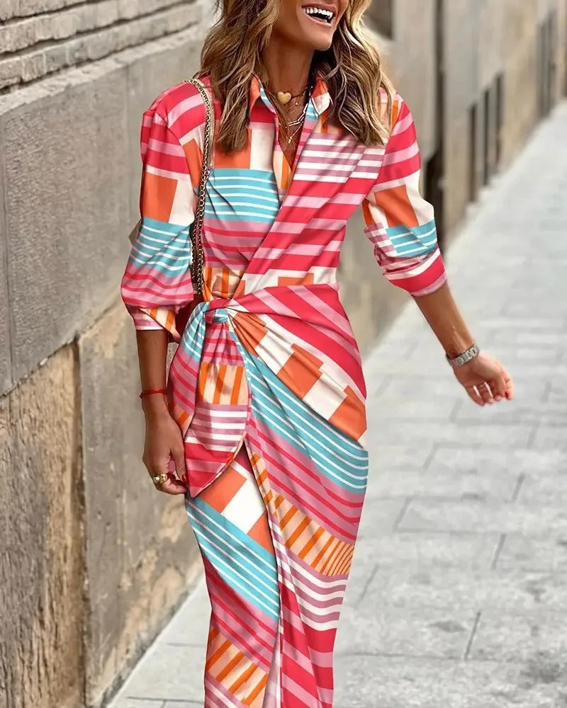 Zella - Vestido midi de moda con escote en V, rayas y cordones