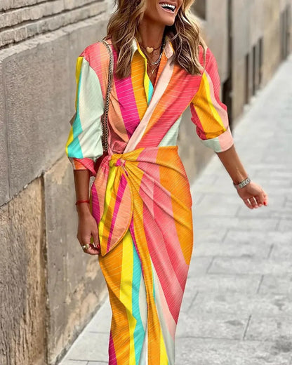 Zella - Vestido midi de moda con escote en V, rayas y cordones
